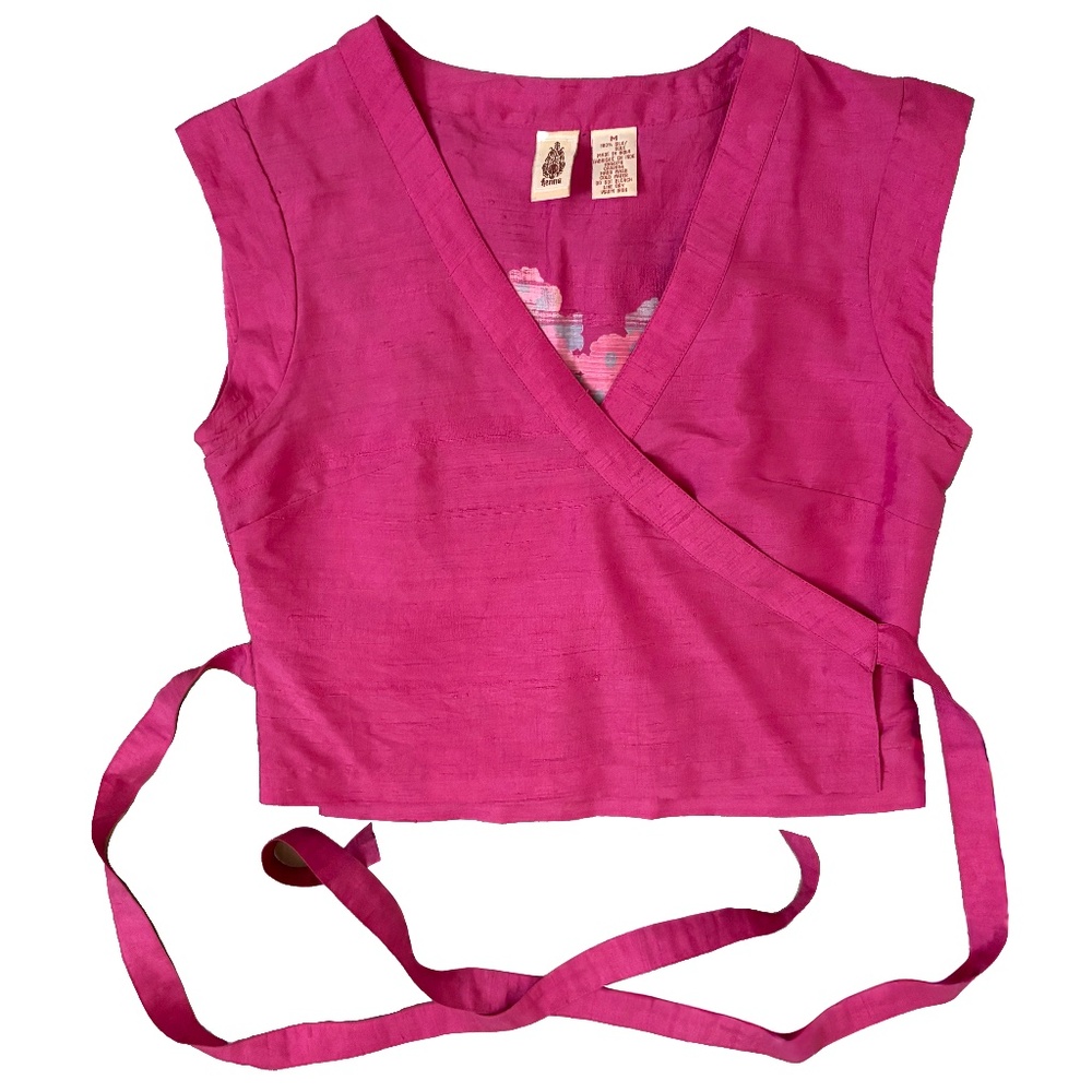 Henna 100% Silk Cropped, Wrap Top with Floral Detail Across the Back